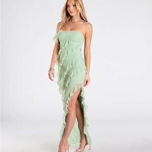 Windsor Ellie Ruffled Lace High Slit Formal Dress